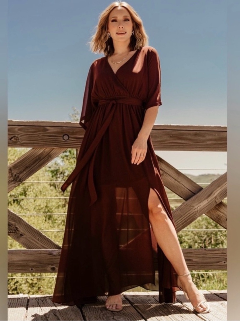 Baltic Born Kia Kimono Sleeve Maxi Dress Size XL Burgundy Side Slit V Neck New